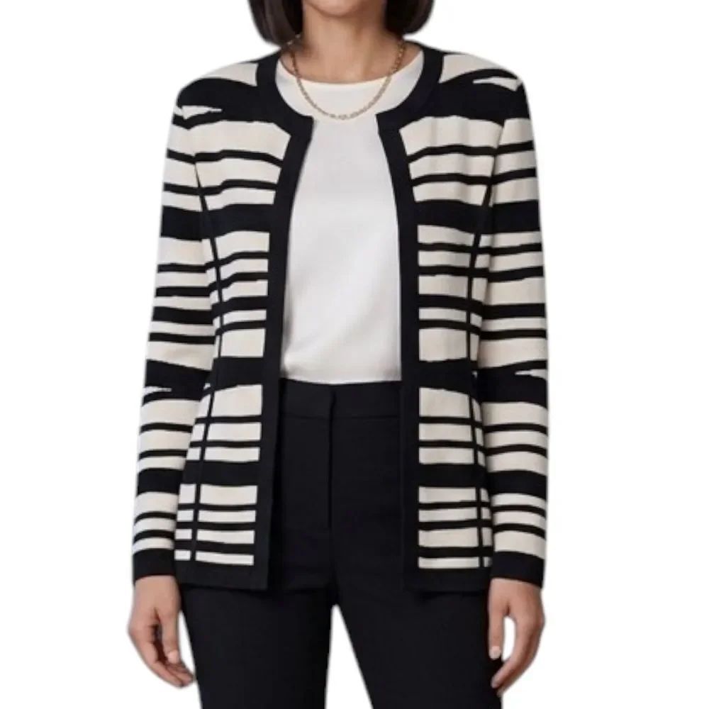 St. John Collection Striped Knit Open Front Topper Jacket Size 8 USA